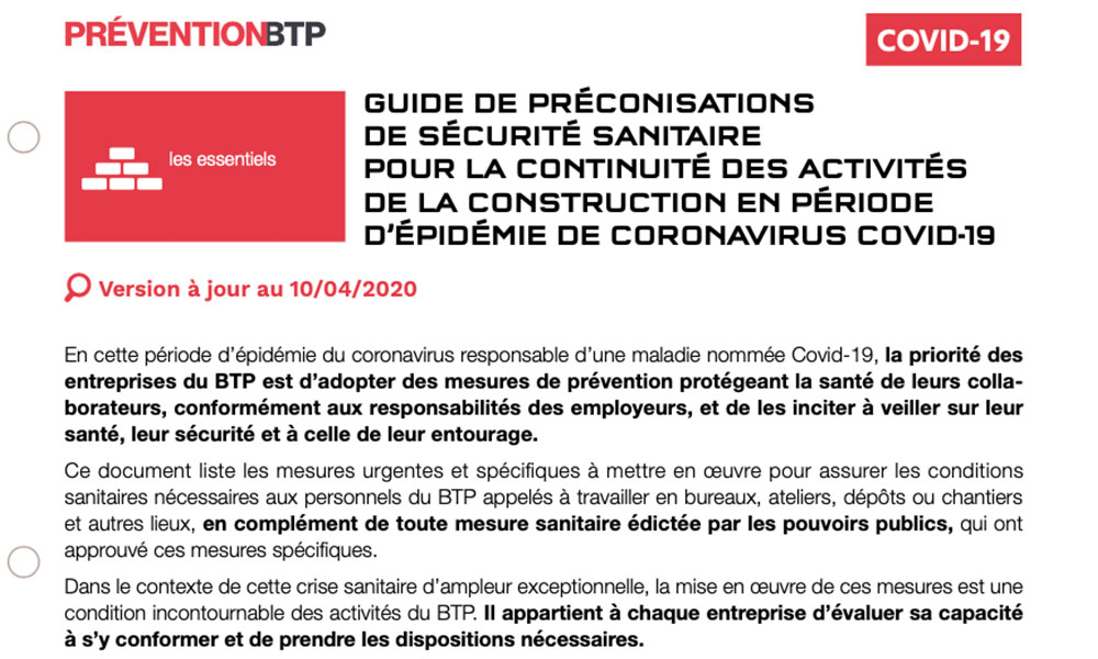 GUIDE DE PRÉCONISATIONS DE SÉCURITÉ SANITAIRE POUR LA CONTINUITÉ DES ACTIVITÉS DE LA CONSTRUCTION EN PÉRIODE D’ÉPIDÉMIE DE CORONAVIRUS COVID-19